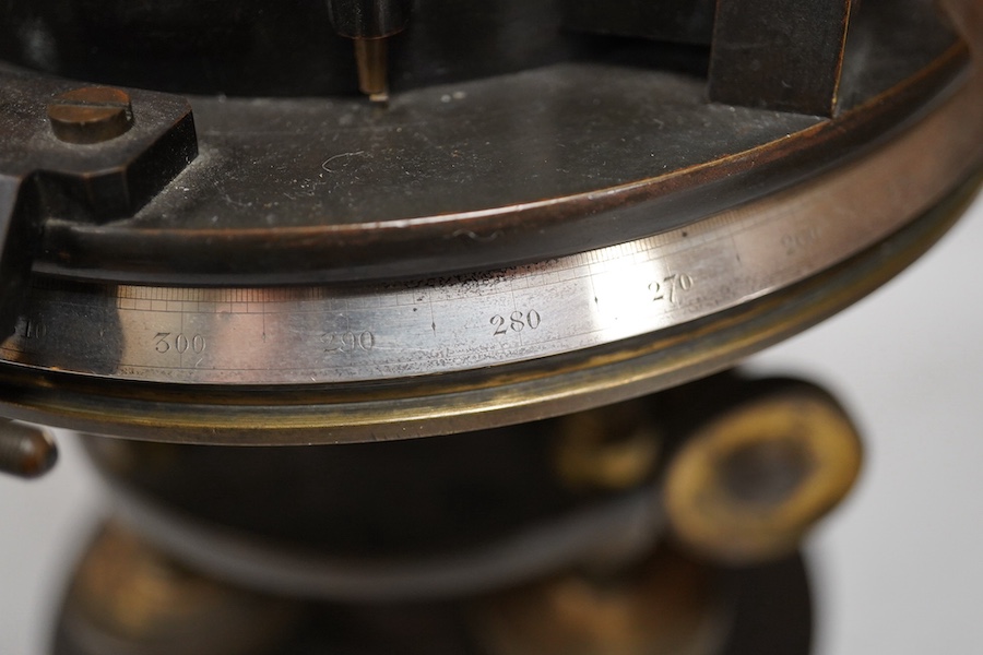A mid 19th century Elliott Bros., London theodolite and teak tripod, with owner’s engraved name for John Frederick Bateman, the theodolite has been mounted on a later base for display.